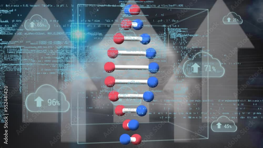 Aufkleber animation of spinning dna structure and multiple cloud icons with increasing percentage