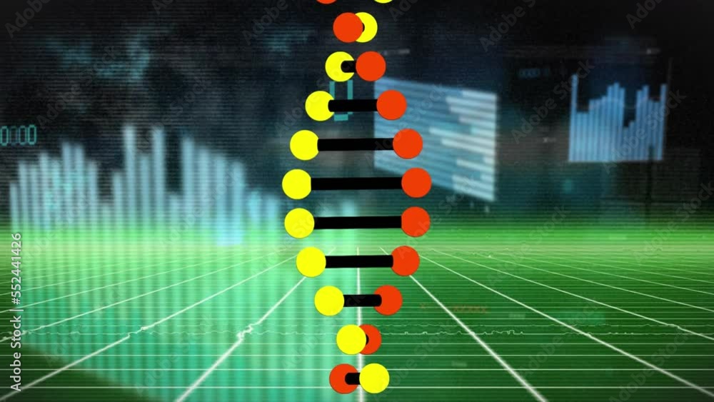 Poster animation of spinning dna structure and statistical data processing over green grid network