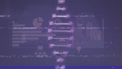 Animation of glitch effect over dna structure and statistical data processing on purple background - Powered by Adobe