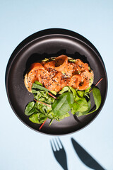 Bruschetta with salmon on a blue background. A restaurant that serves food. food photo