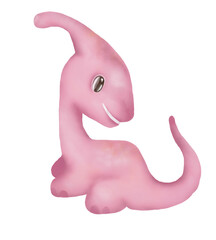 Watercolor illustration of cute pink baby parasaurolophus. Idea for icon, stickers, children’s art, books, cartoon, magazine, background, banner, print 