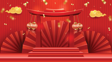 Red chinese new year podium display with chinese style.