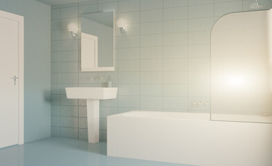 Obraz na płótnie Canvas Modern bathroom including bath and sink. 3D rendering.. Sunset.