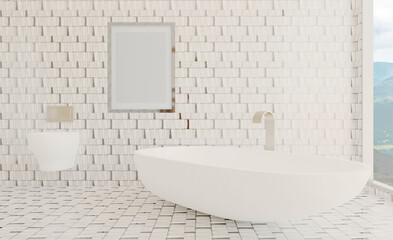 Clean and fresh bathroom with natural light. 3D rendering., Mockup.   Empty paintings