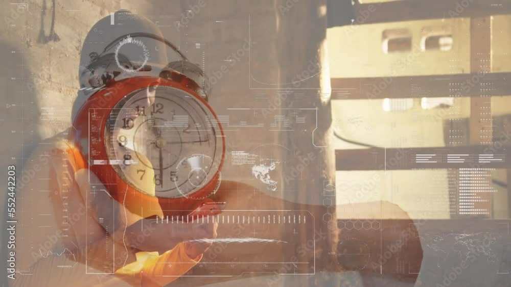 Poster animation of data processing and alarm clock over caucasian woman using smartphone at home