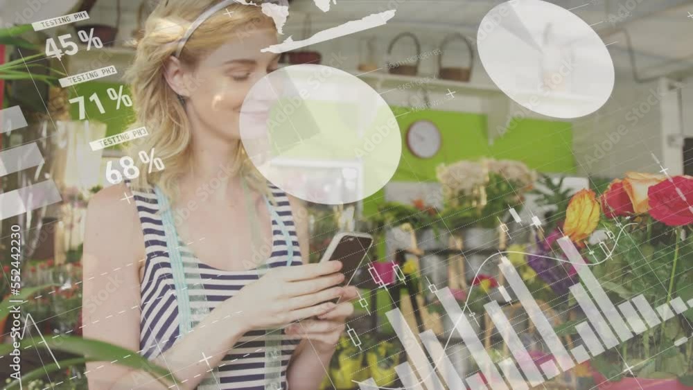 Aufkleber animation of statistical data processing over caucasian female florist using smartphone