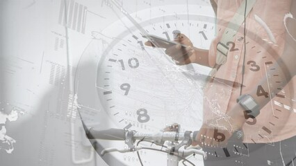 Animation of data processing and ticking clock over mid section of man with bicycle using smartphone - Powered by Adobe