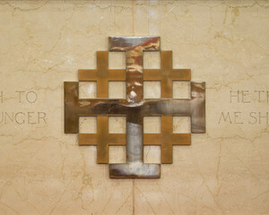 Decor on marble surface near the altar in the historic Cathedral of St. John in downtown Albuquerque, New Mexico