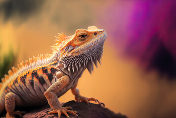 An image of a pogona reptile in close up with some background blur. Generative AI