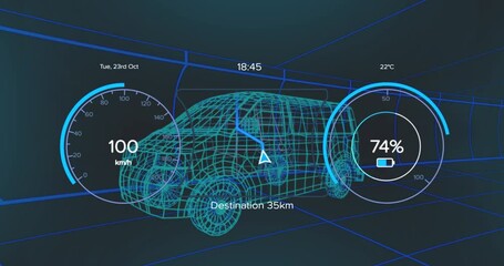 Animation of digital dashboard data processing over van icon in seamless pattern - Powered by Adobe