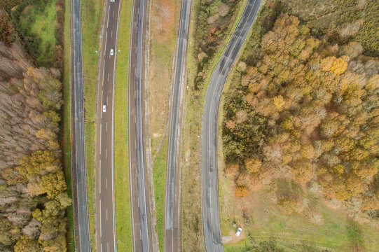 aerial view of five parallel roads, transportation concept