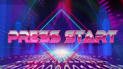 Animation of press start text banner over 3d city model and neon tunnel in seamless pattern - Powered by Adobe