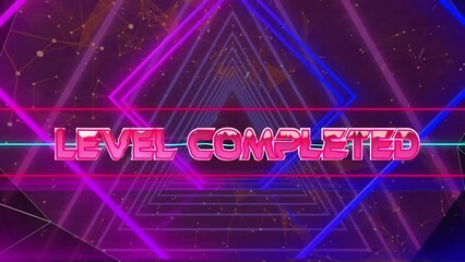 Animation of level completed text banner over neon tunnel in seamless pattern and abstract shapes - Powered by Adobe