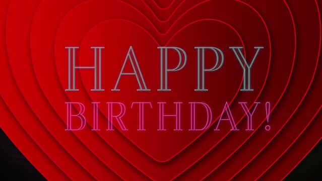 Animation of neon happy birthday text over red heart shapes in seamless pattern and light trails