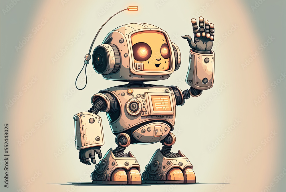 Poster lovely robot with artificial intelligence raising hand. generative ai