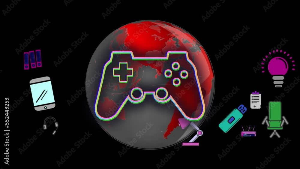 Poster animation of digital icons and video game controller icon over globe against black background