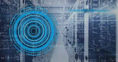 Animation of round scanner and mathematical equations against computer server room - Powered by Adobe