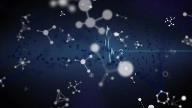 Animation of light trails and molecular structures over heart rate monitor on black background