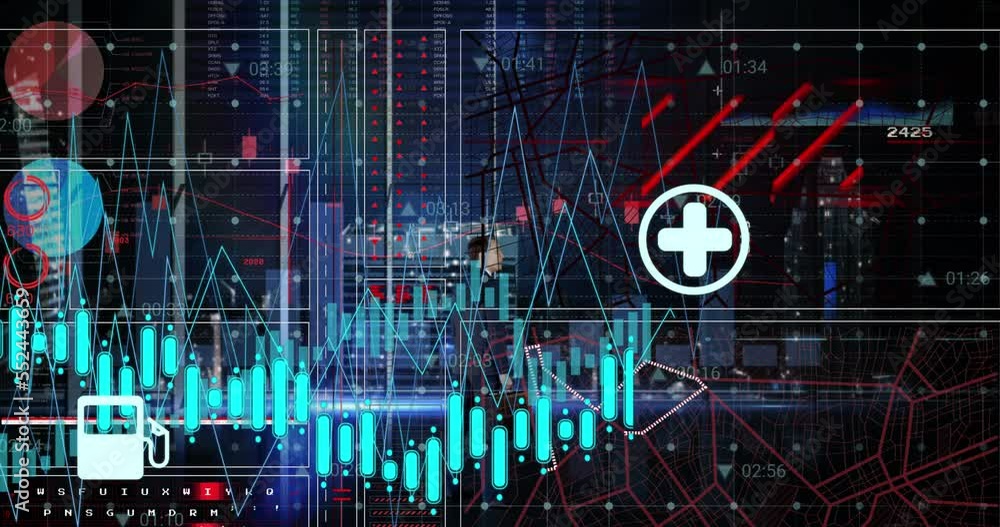 Poster animation of financial data processing and scope scanning over digital icons