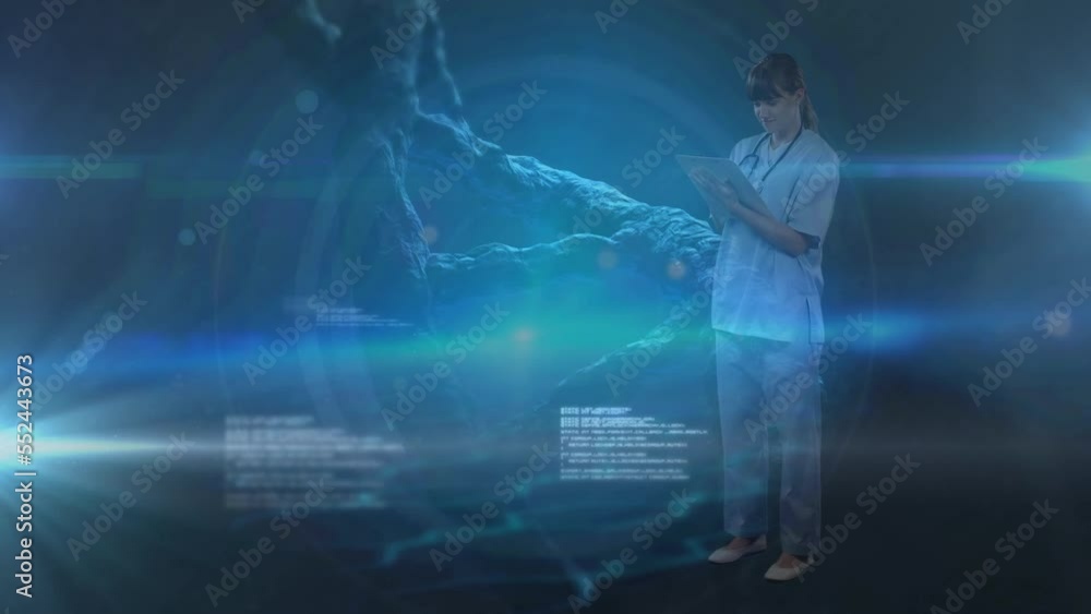 Poster animation of data processing and caucasian female health worker with clipboard over dna structure