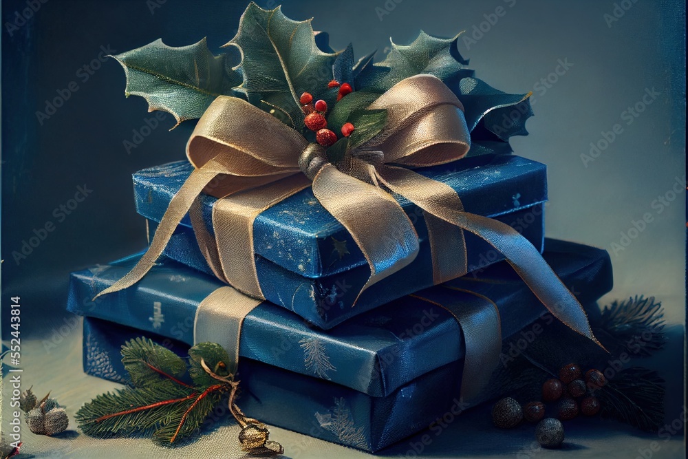 Poster a painting of a stack of presents with holly and mistlet on top of them. generative ai