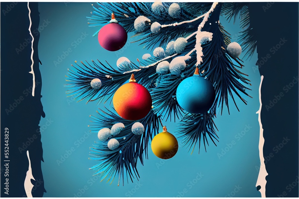Poster  a pine tree with ornaments hanging from it's branches and snow on the branches of it's branches. Generative AI