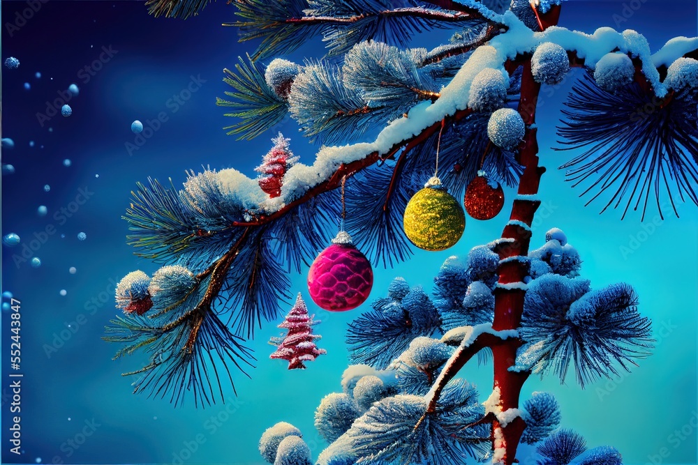 Poster a painting of a pine tree with ornaments hanging from it's branches in the snow. generative ai