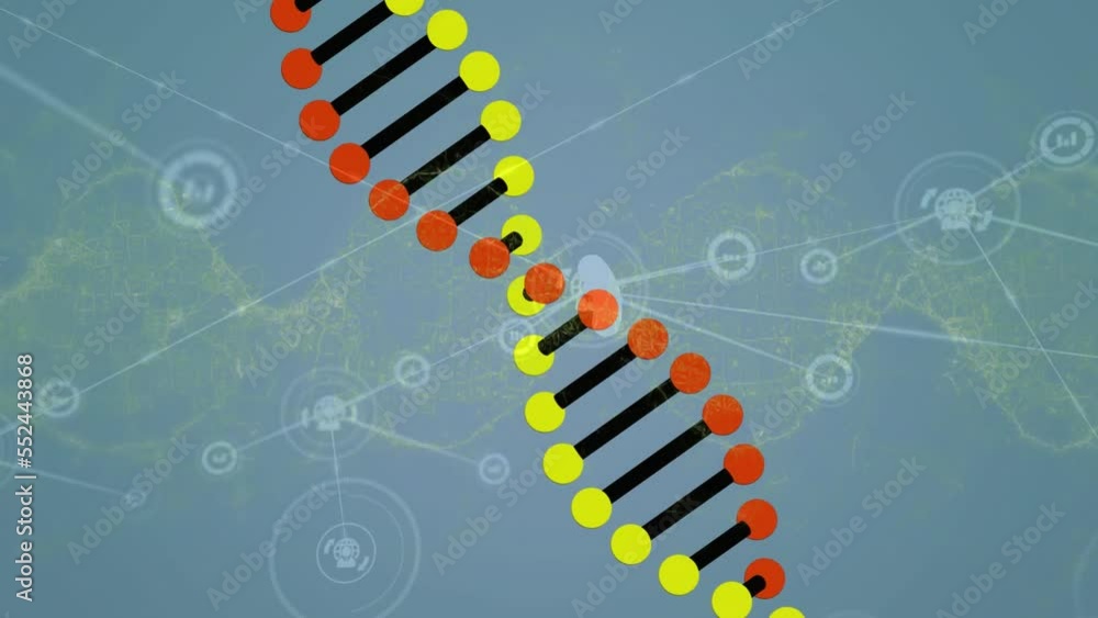 Poster animation of dna structure over network of digital icons against digital wave on blue background