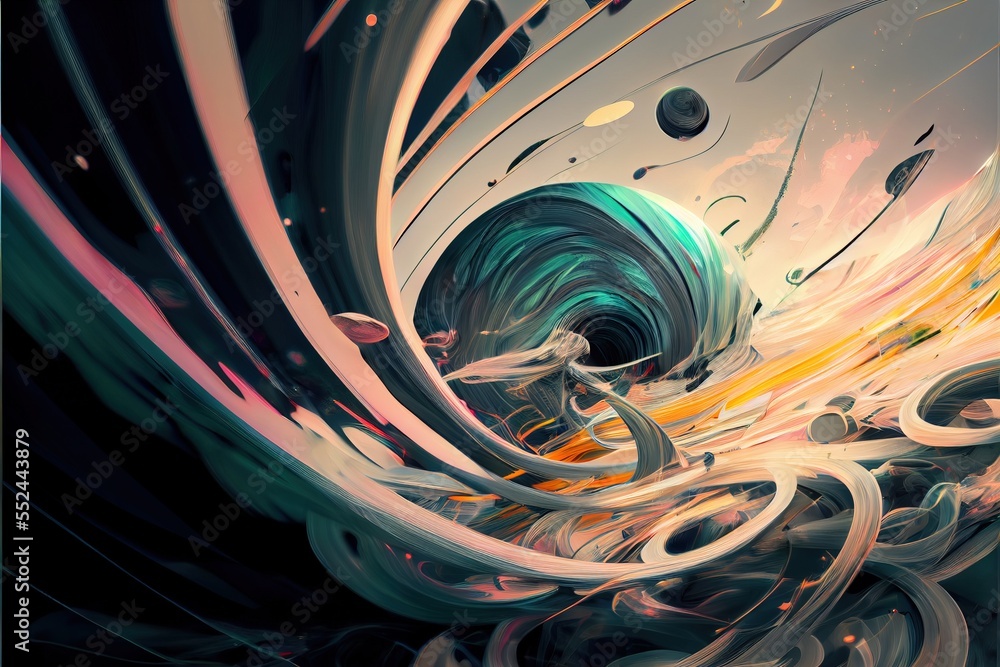 Poster a painting of a wave with a lot of swirls and bubbles in it and a person standing on the side of the