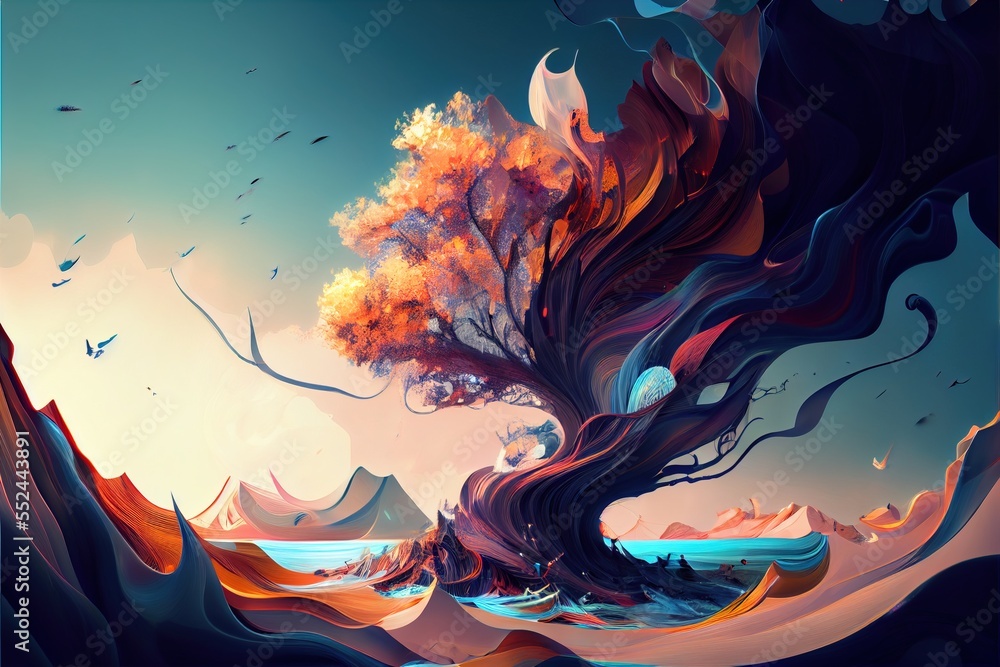 Poster a painting of a tree with a sky background and birds flying around it. generative ai