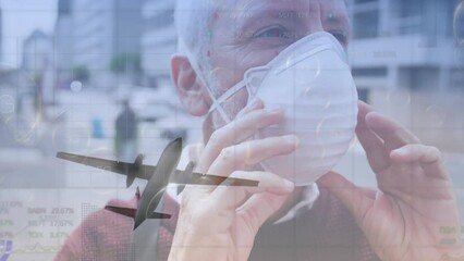 Animation of data processing and plane over caucasian man wearing face mask - Powered by Adobe