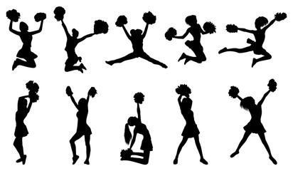 Set of cheerleaders silhouette on white background. Cheerleaders silhouette collection