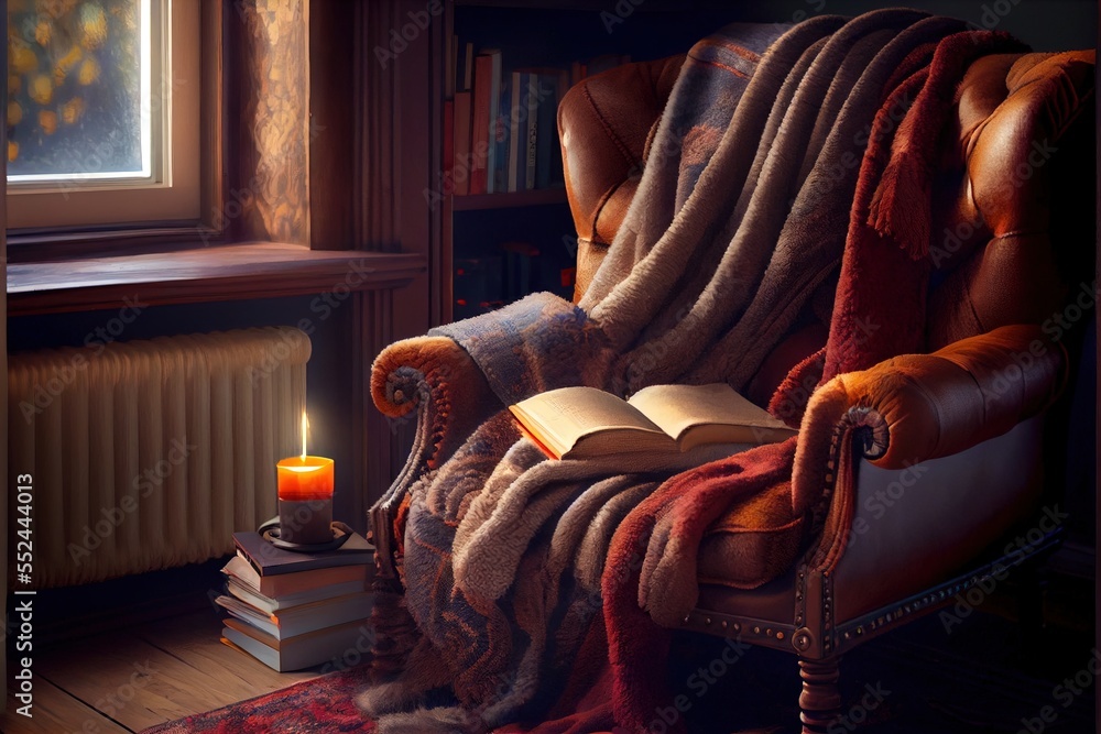 Poster a chair with a blanket and a book on it next to a window with a candle in it and a book on the arm o