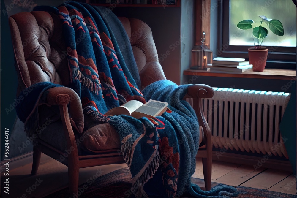 Poster a chair with a blanket on it and a book on it in front of a window with a plant. generative ai