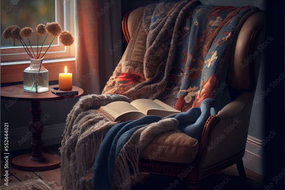 Poster a chair with a blanket and a book on it next to a window with a candle and a vase with flowers. gene