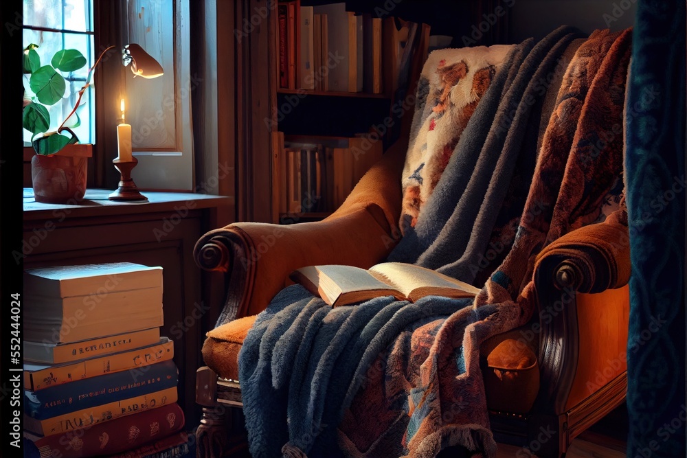 Poster a chair with a blanket on it next to a window with a lamp and books on it in front of a window. gene