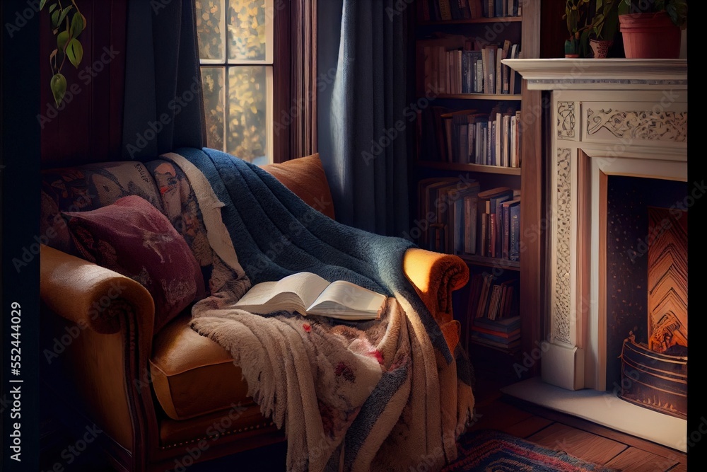 Aufkleber a couch with a blanket on it next to a fire place and a book shelf with books on it. generative ai