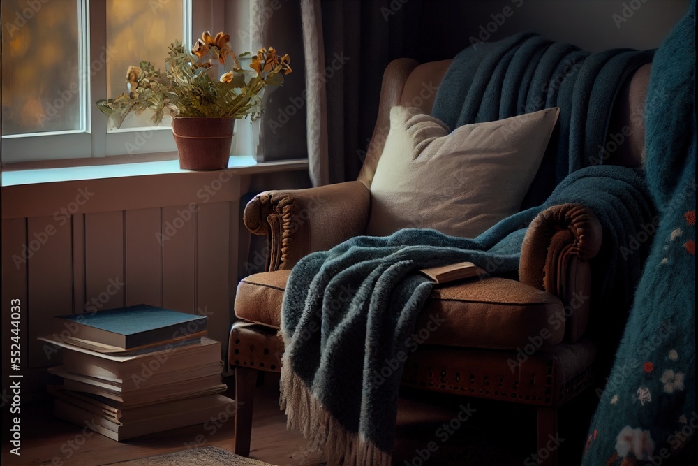 Poster a chair with a blanket on it next to a window with a potted plant in it and a book on the floor. gen