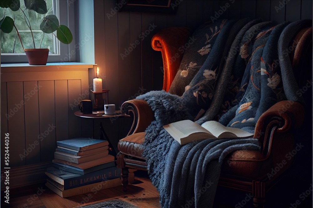 Poster a chair with a blanket on it next to a table with a candle and books on it and a window. generative 