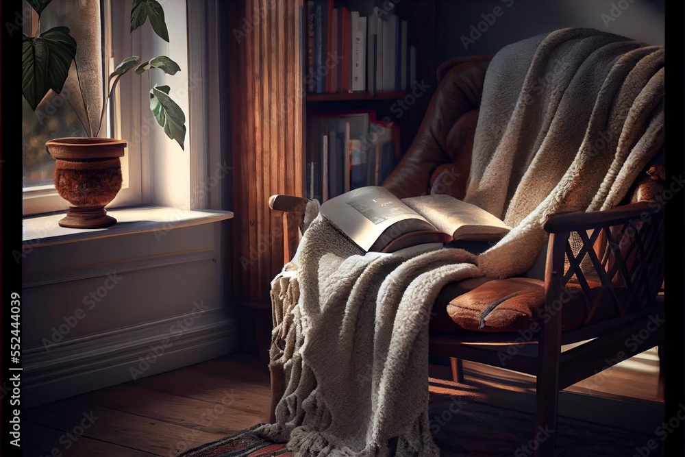 Poster a chair with a blanket on it and a book on it in front of a window with a potted plant. generative a