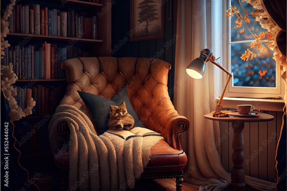 Poster a cat sitting on a chair in a room with a lamp and bookshelf in the background and a window with a v