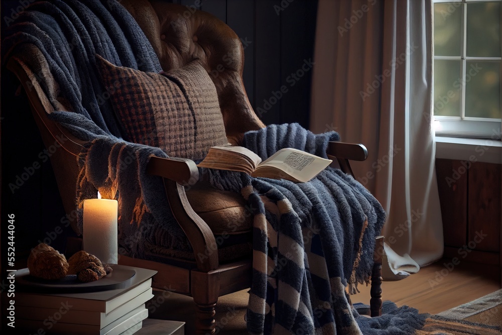 Poster a chair with a blanket and a book on it next to a window with a candle and a window sill. generative
