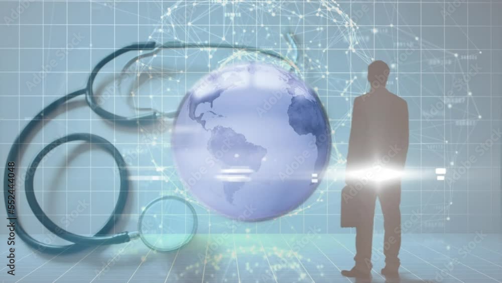Poster animation of globe and data processing over businessman silhouette and stethoscope