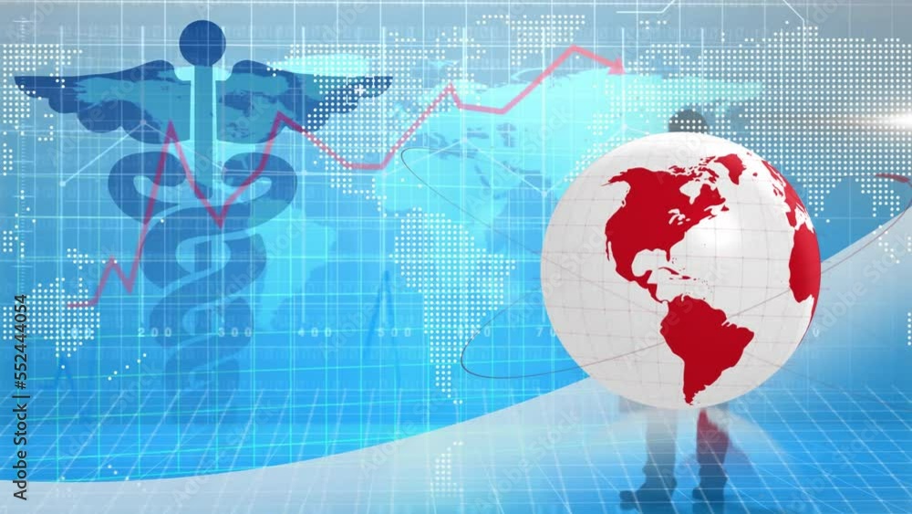 Poster animation of globe and data processing over icon and world map on blue background