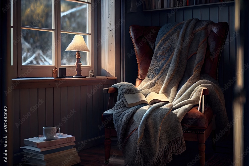 Poster a chair with a blanket on it next to a window with a lamp on it and a book on the chair. generative 