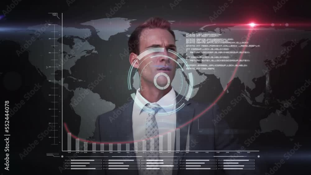 Poster Animation of financial data processing with world map and scope scanning over caucasian businessman