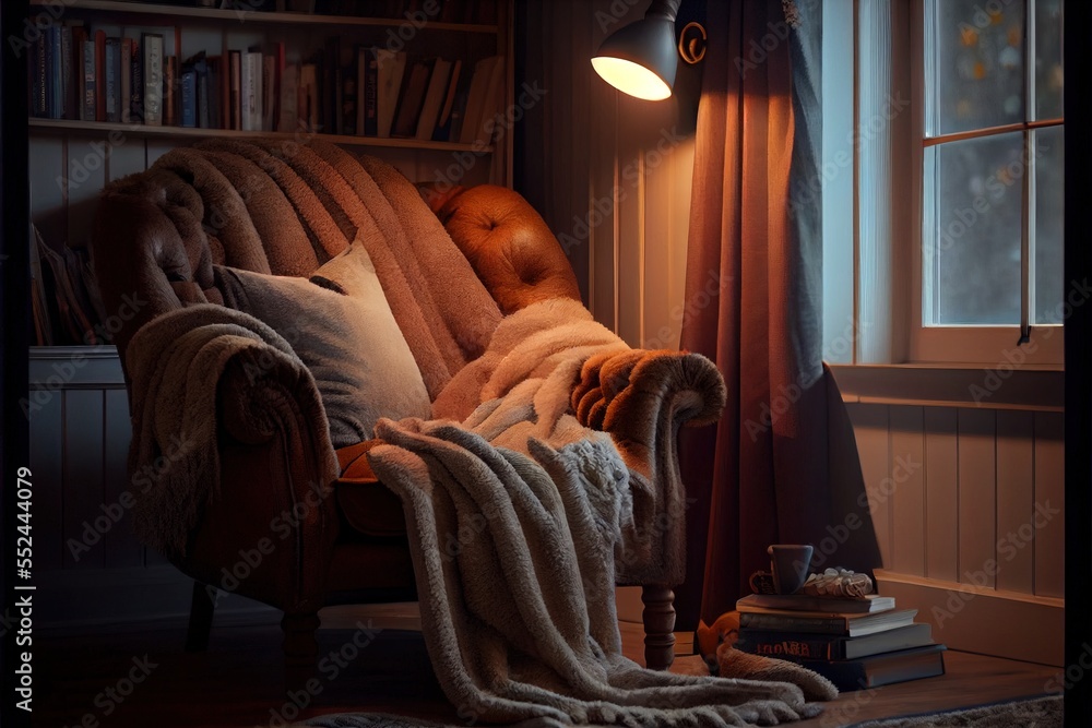 Aufkleber a chair with a blanket on it in a room with a book shelf and a lamp on the side. generative ai