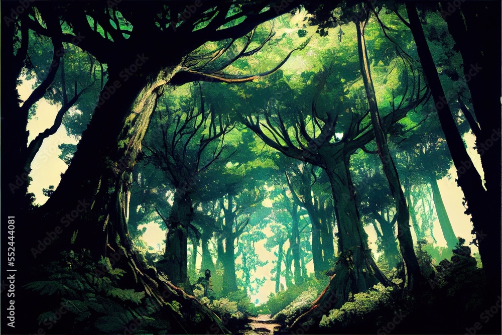 Poster a painting of a forest with a path through it and lots of trees on both sides of the path. generativ