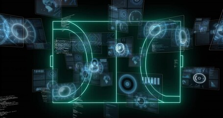 Animation of data processing over digital stadium on black background - Powered by Adobe