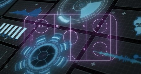 Animation of data processing over digital stadium on black background - Powered by Adobe